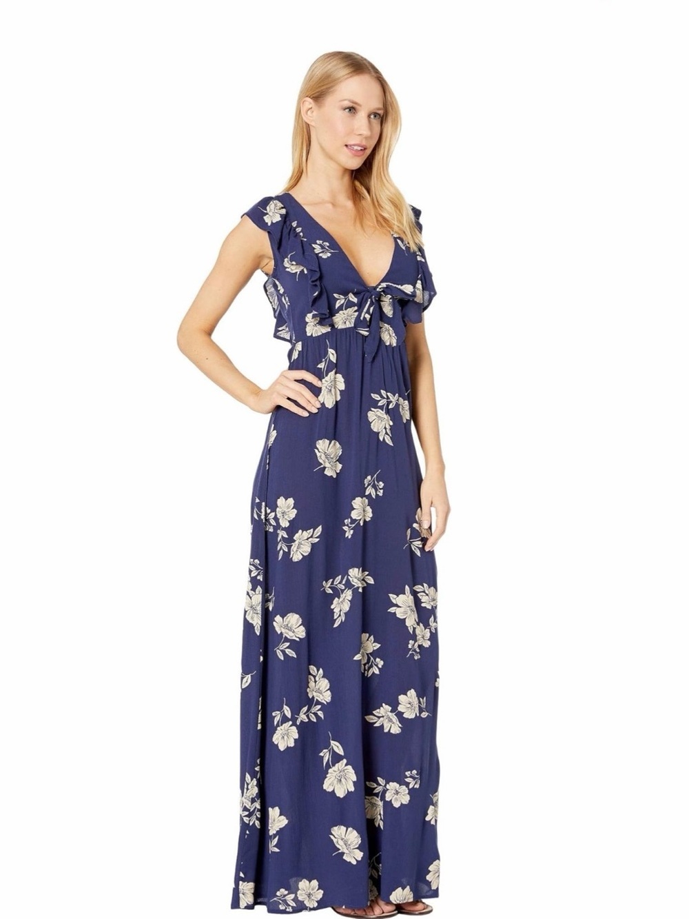 Amuse Society Navy Floral Tie-Front Maxi Dress with Cream Flowers - Picture 3 of 11